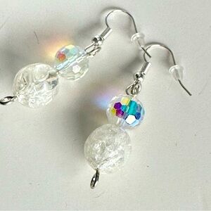 Round AB Glass Bead Earrings and white acrylic bead Handmade silver tone 3476 P